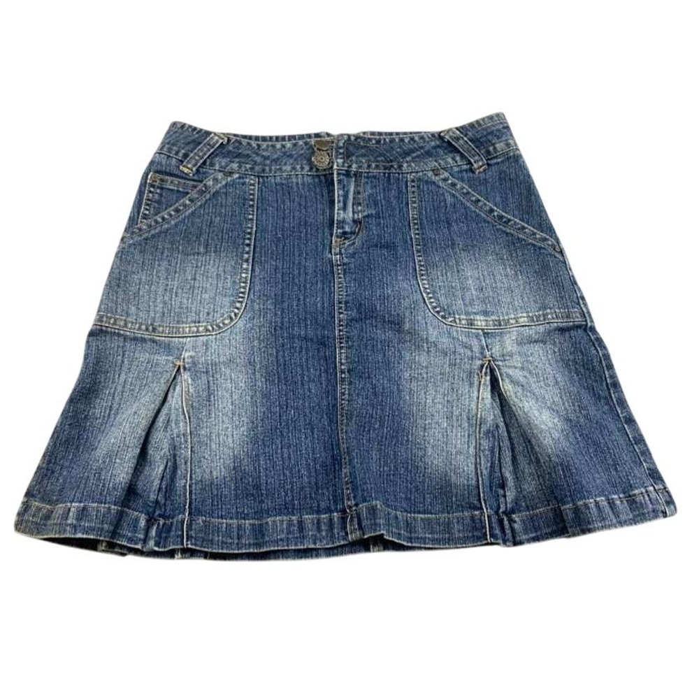 725 Originals Skirt Women M‎ Blue Denim Star Buttons Mini Flare Pleated VTG Y2K